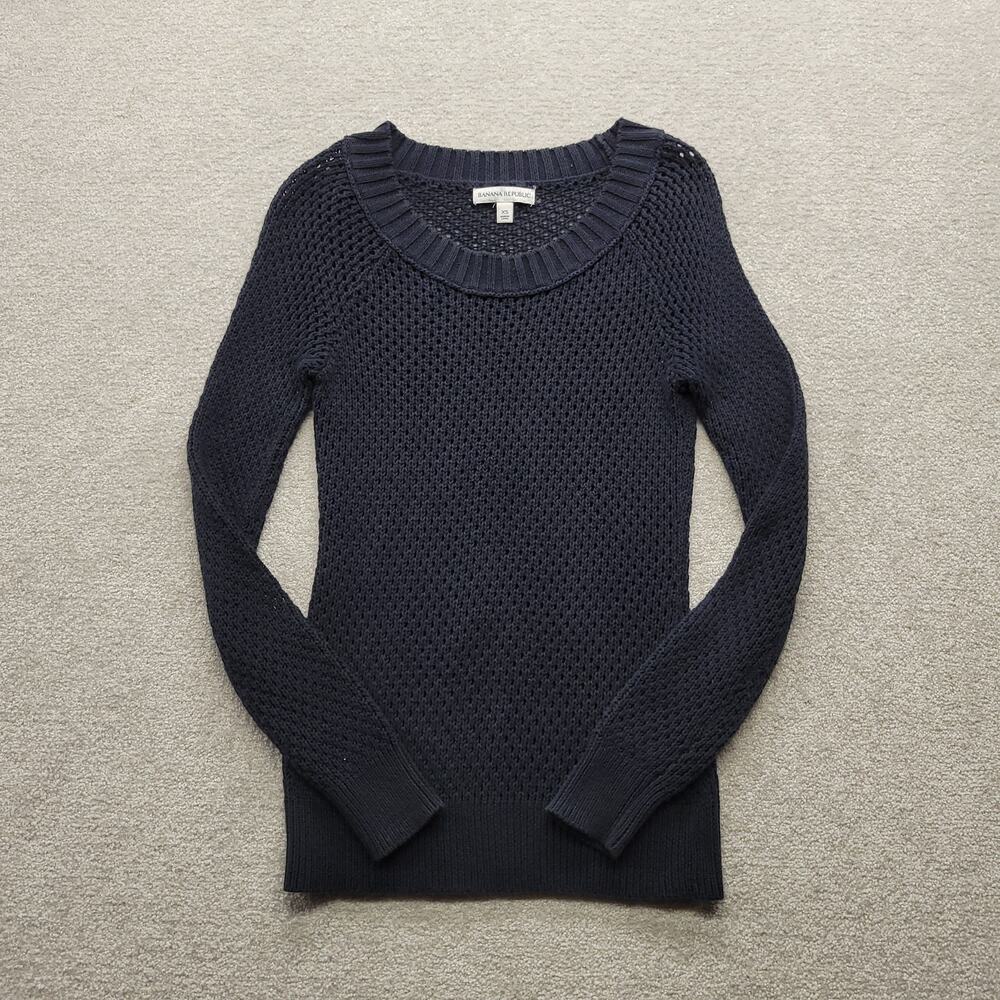 Banana Republic Womens XS Navy Blue Open Knit Sweater Scoop Neck Long Sleeve